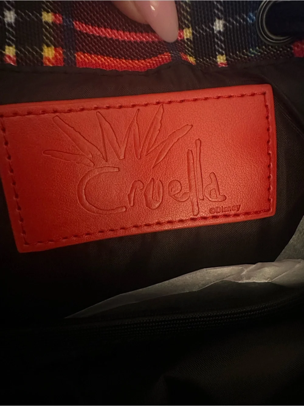 Disney Cruella  Red Plaid Patch-Accent Backpack